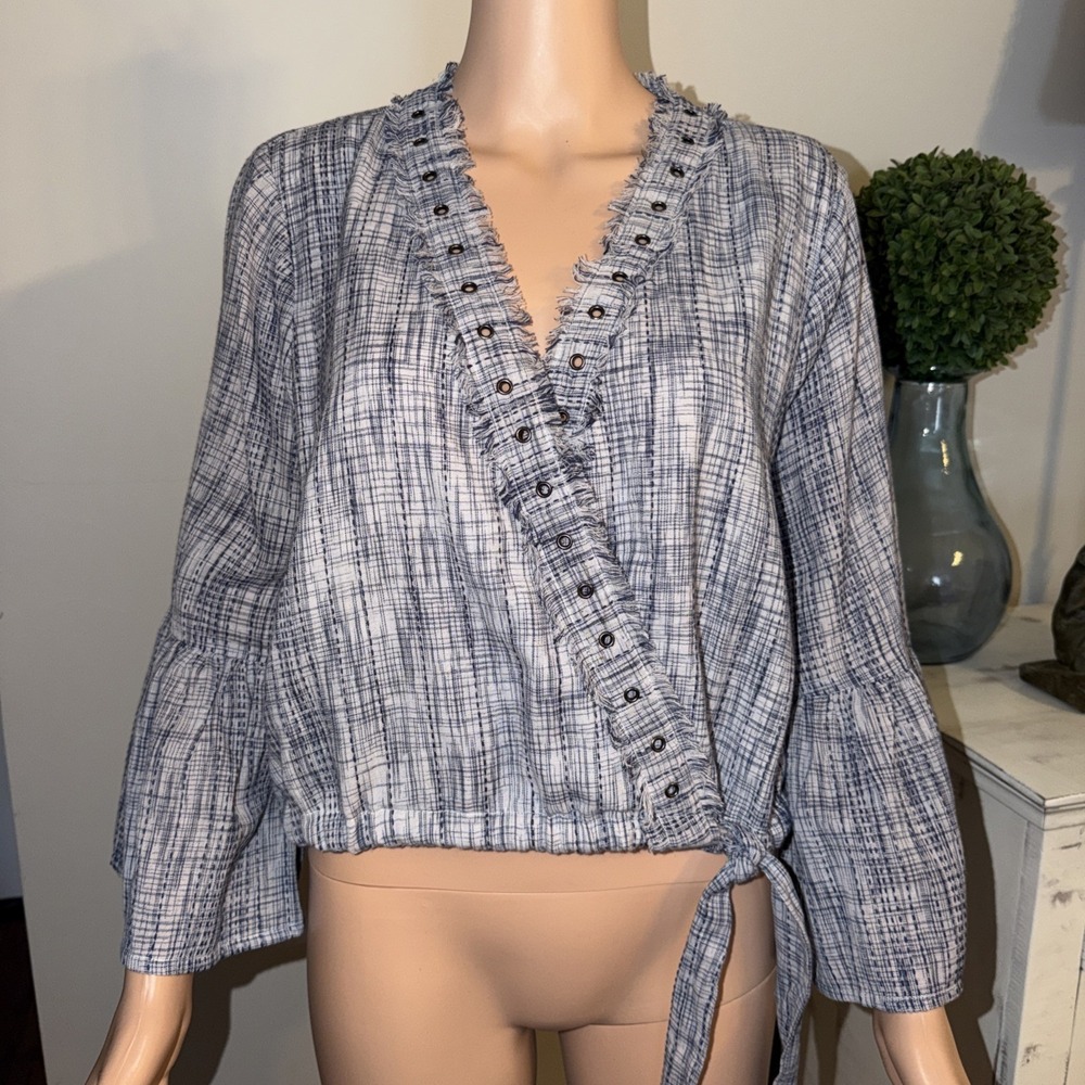 Tularosa Estelle top Navy Blue White Blouse Sz L waist length With Drawstring
